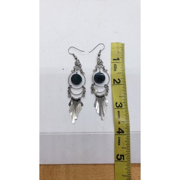 Boho Dangle Earrings Silver Tone Green Malachite Gem Chandelier Long 4.5 Inch - Picture 5 of 5